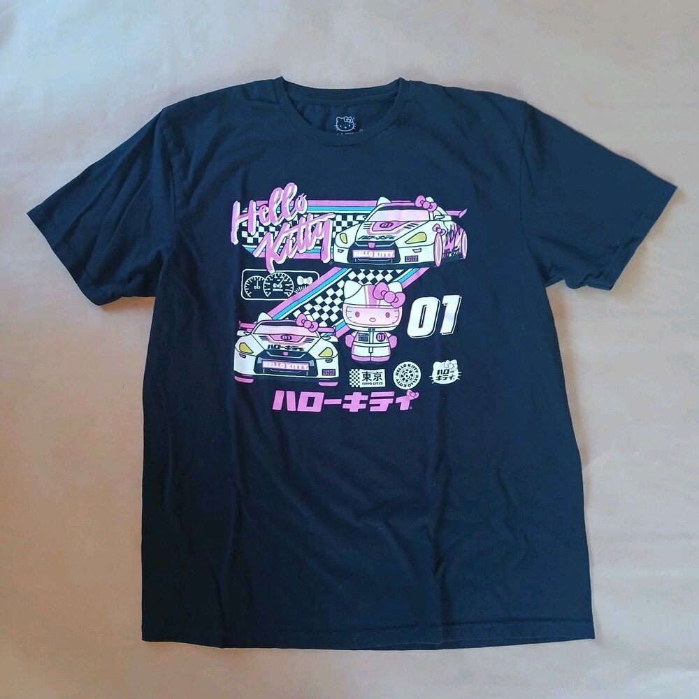 Hello Kitty T-Shirt Size L Sanrio Graphic Print Black Cotton Tee